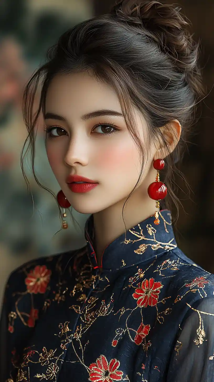 Elegant asian girl in blue feathered dress with golden halo