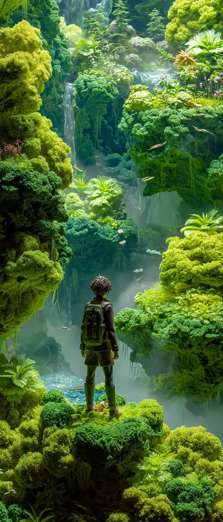 Anime explorer on a floating leaf jungle island