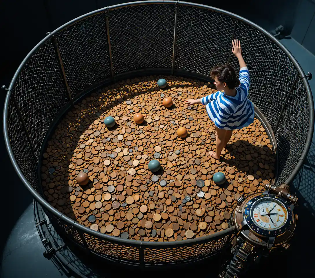 High angle view of hands gathering coins in a circular pen