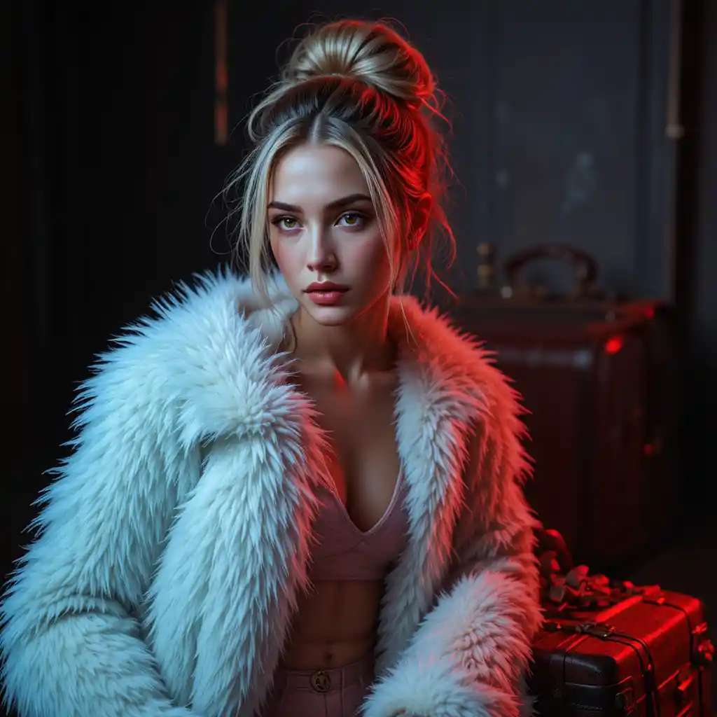 Blonde woman in white faux fur in cinematic fashion portrait