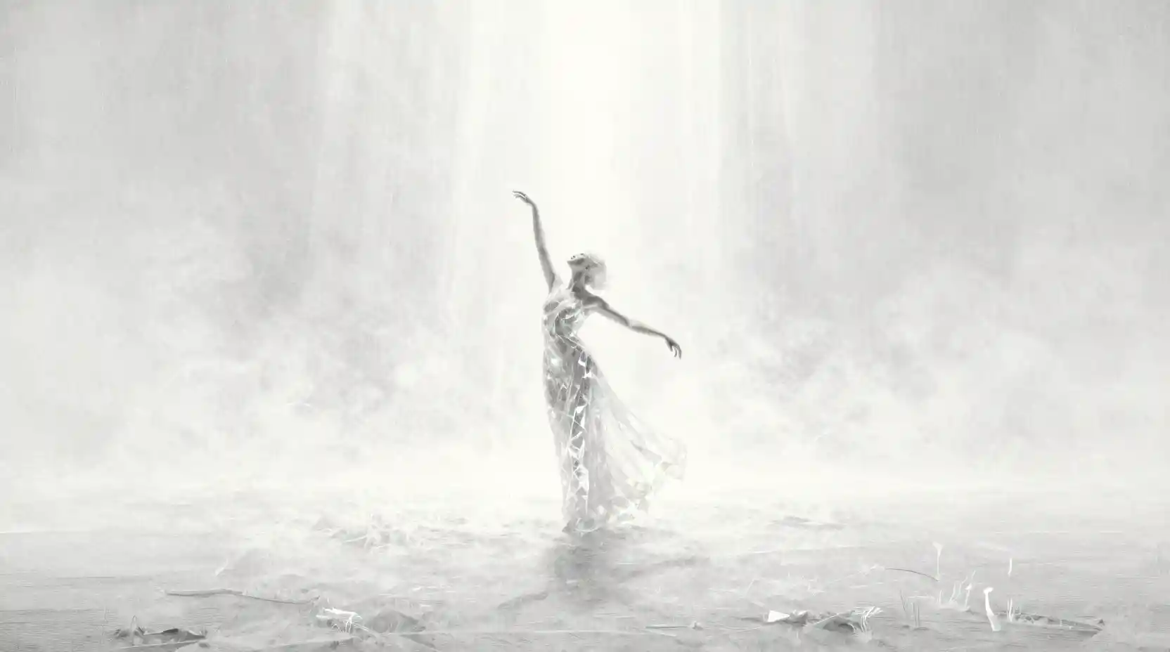 Woman in crystalline gown on luminous white plain