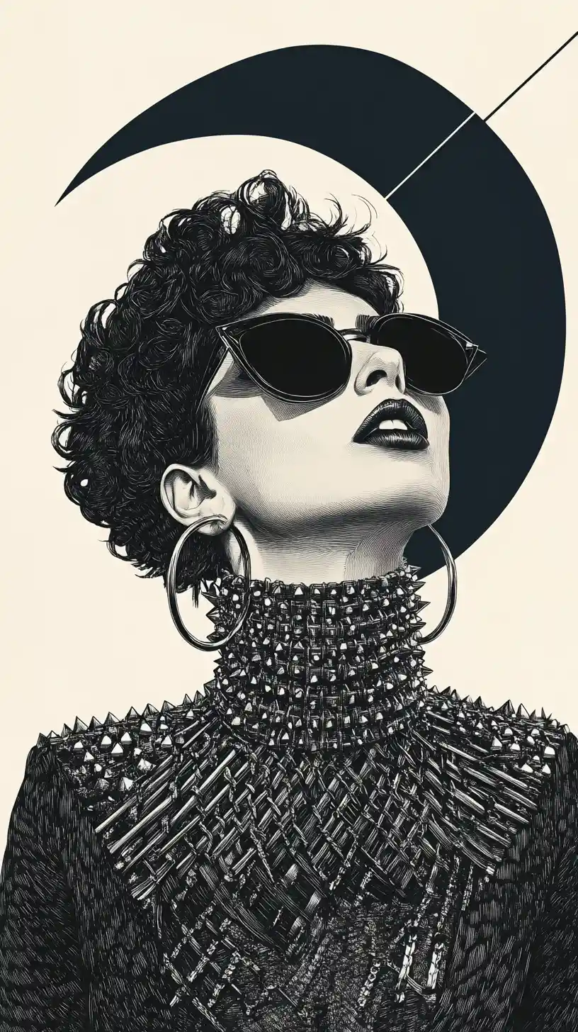 Futuristic woman in sunglasses with bold graphic collar