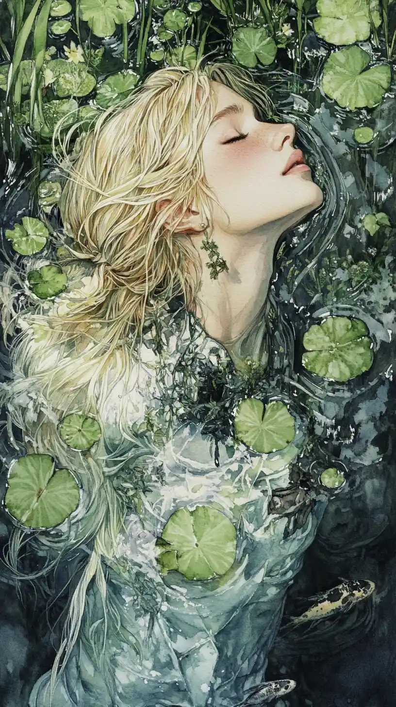 Joyful blonde girl close up illustration in a garden