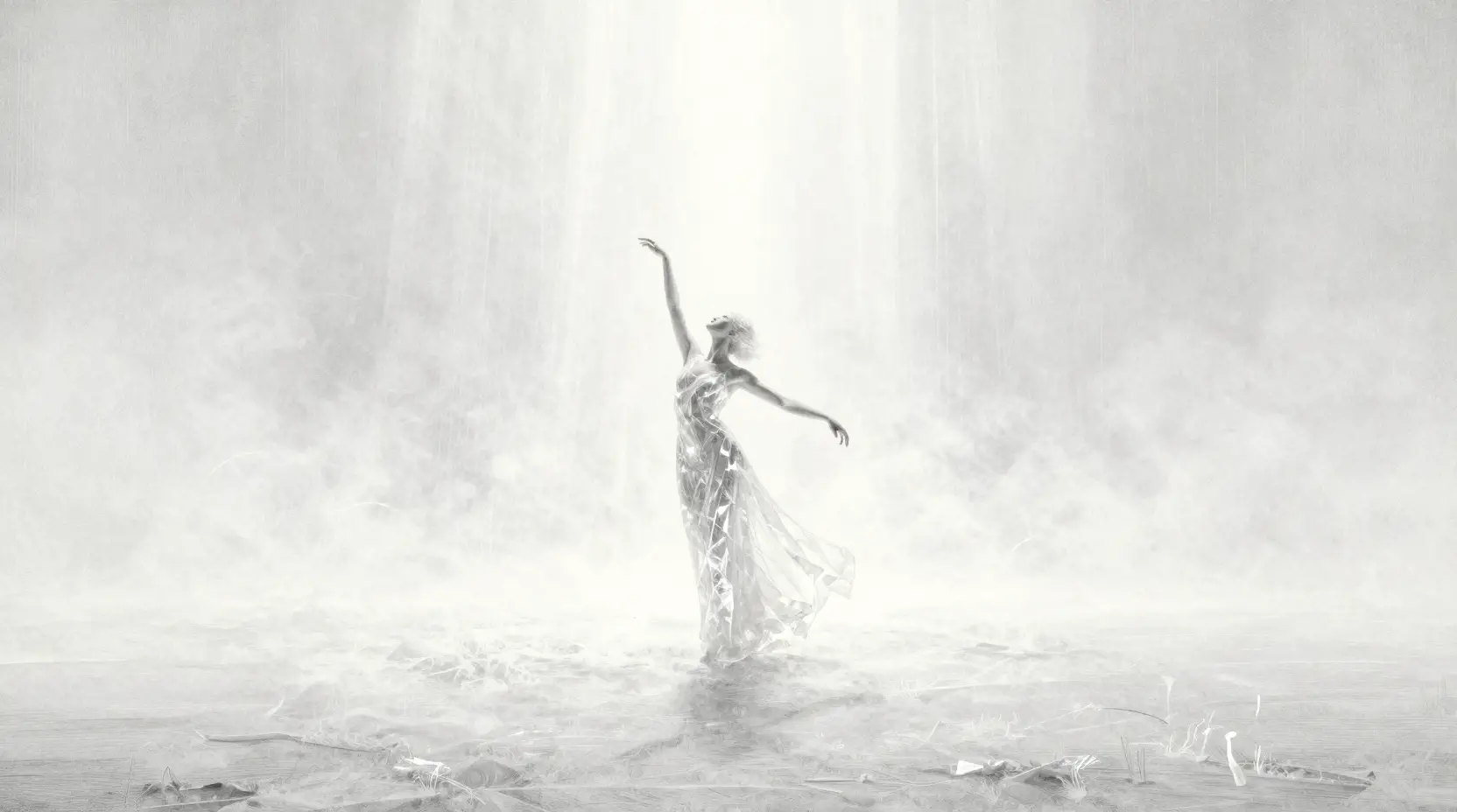 Woman in crystalline gown on luminous white plain
