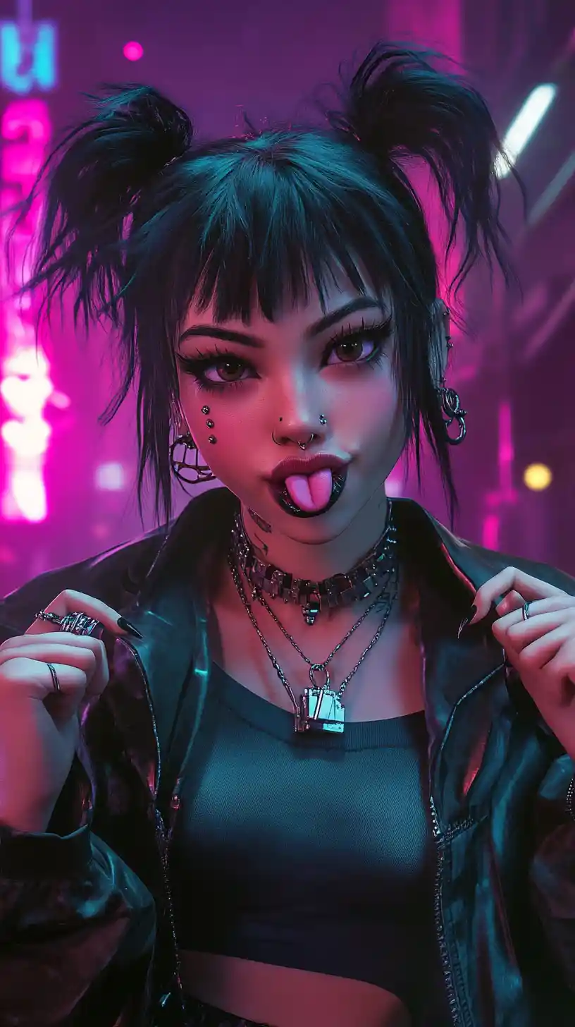 Punk goth girl smiling in neon cyberpunk street