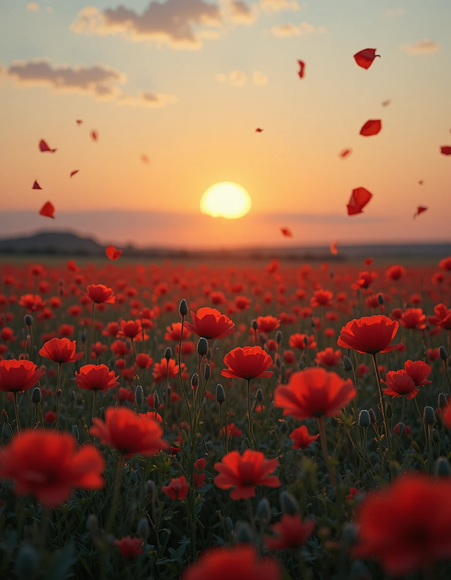 Glowing red poppy field under a dramatic setting sun