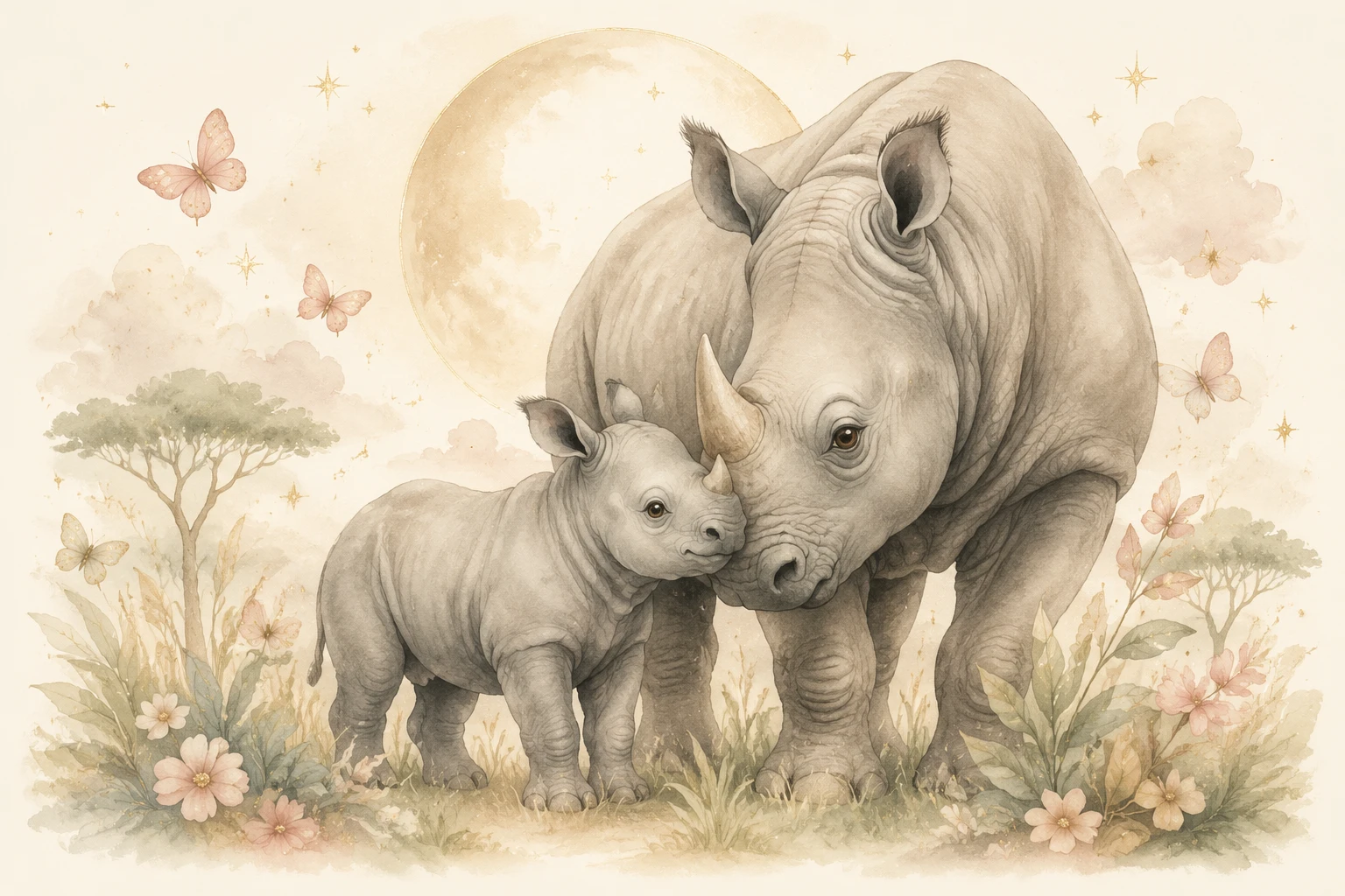 Baby Rhino Cuddling Against Mother In Soft Nursery Art