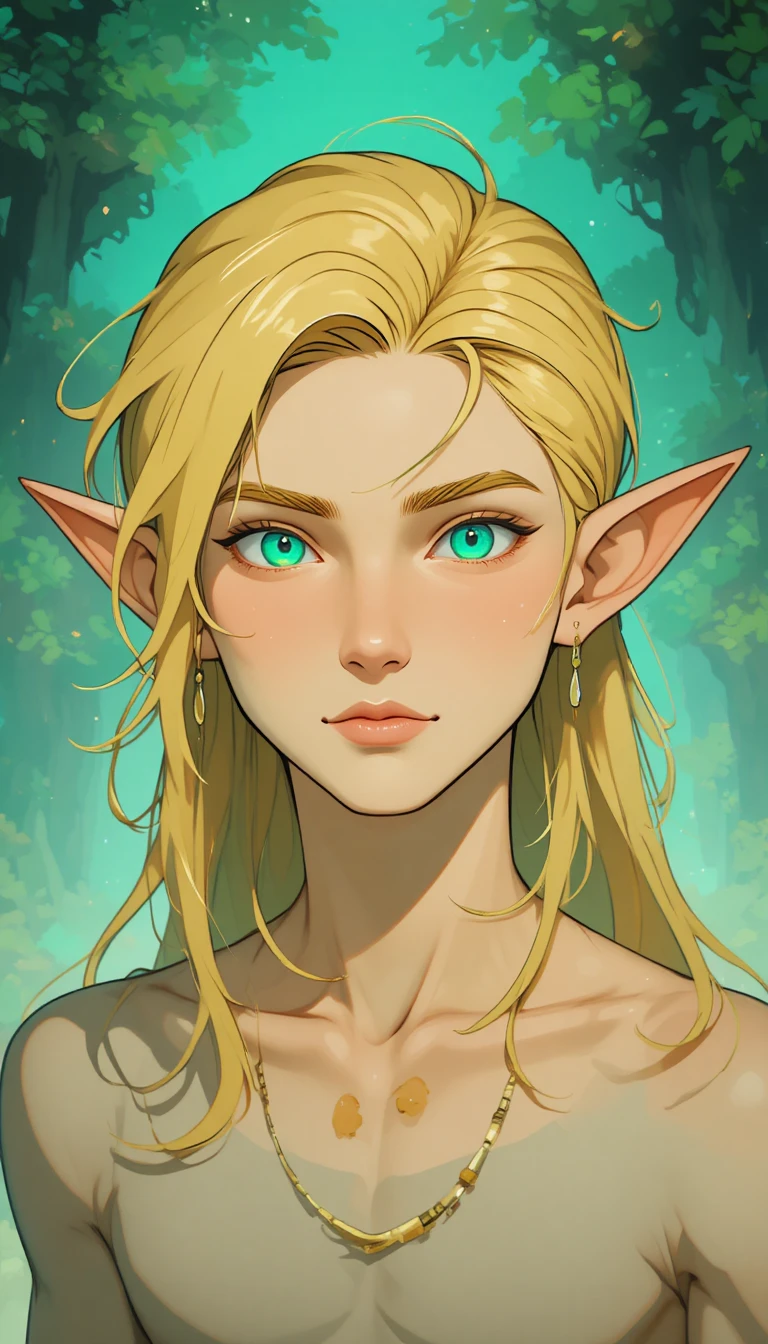 Young elf archer with glowing green eyes and long blond hair