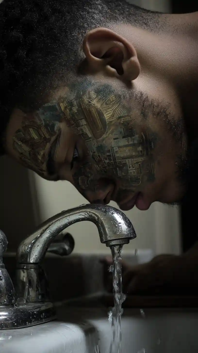 Young man drinking faucet water in a gritty bathroom