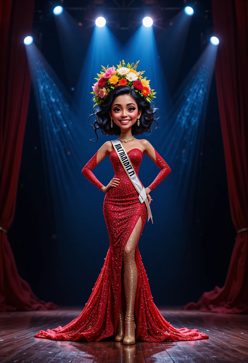 Joyful beauty queen in red gown on spotlight stage