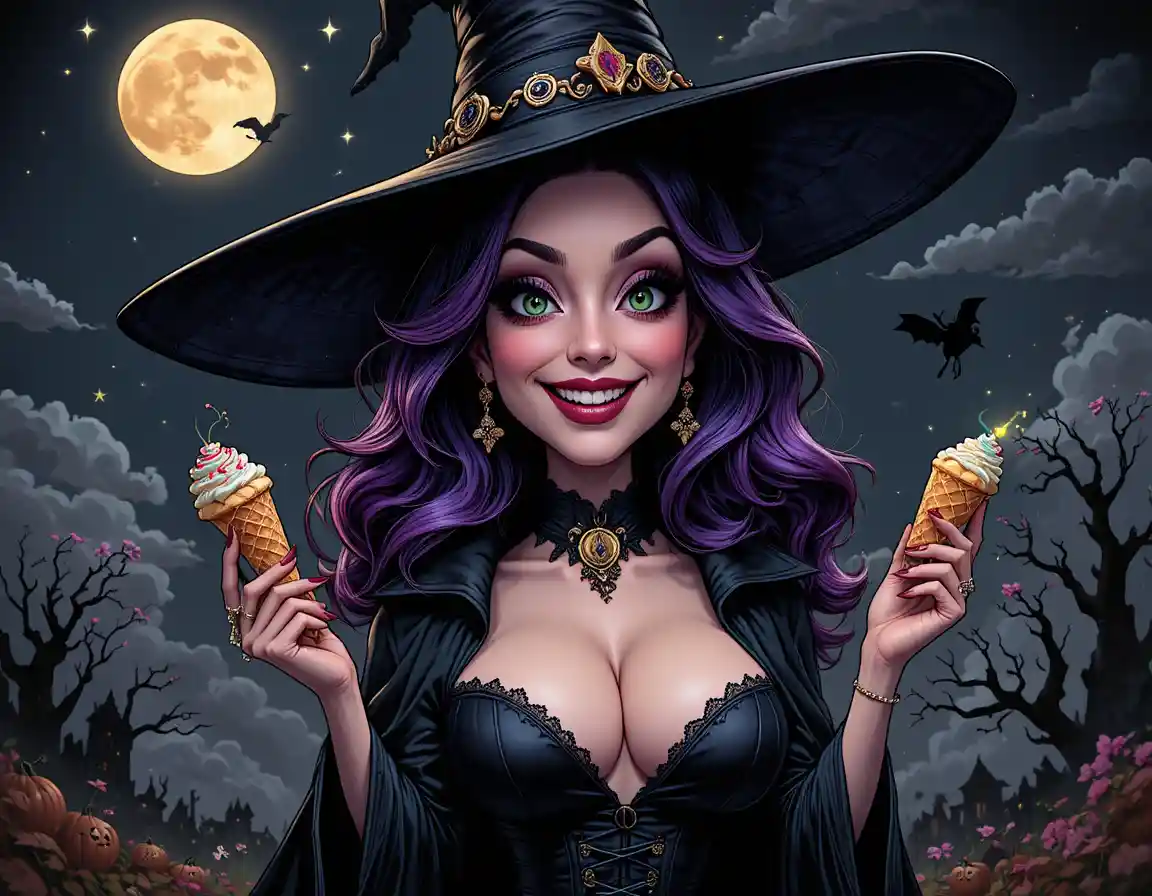 Seductive violet haired witch under a stormy moon