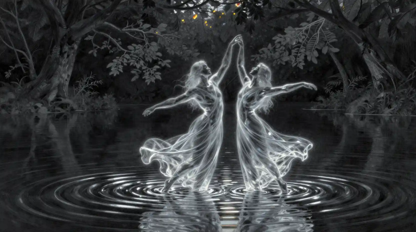 Two merging spirits dancing above a dark mystic lake