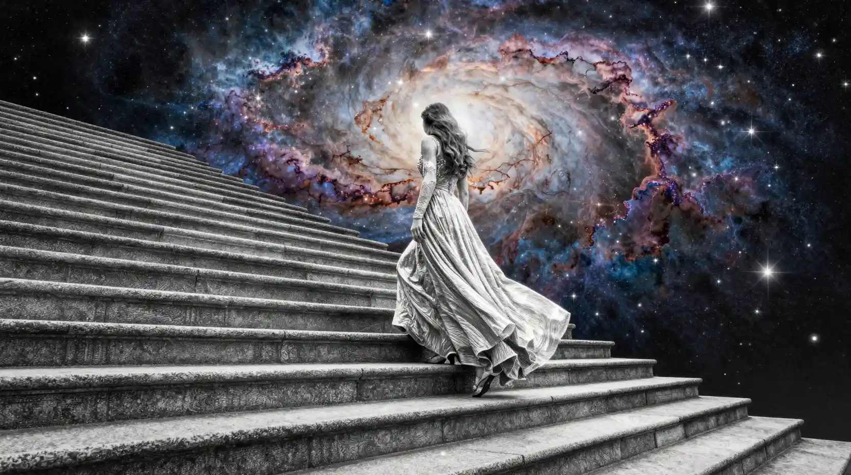 Woman ascending a stone staircase into a swirling nebula