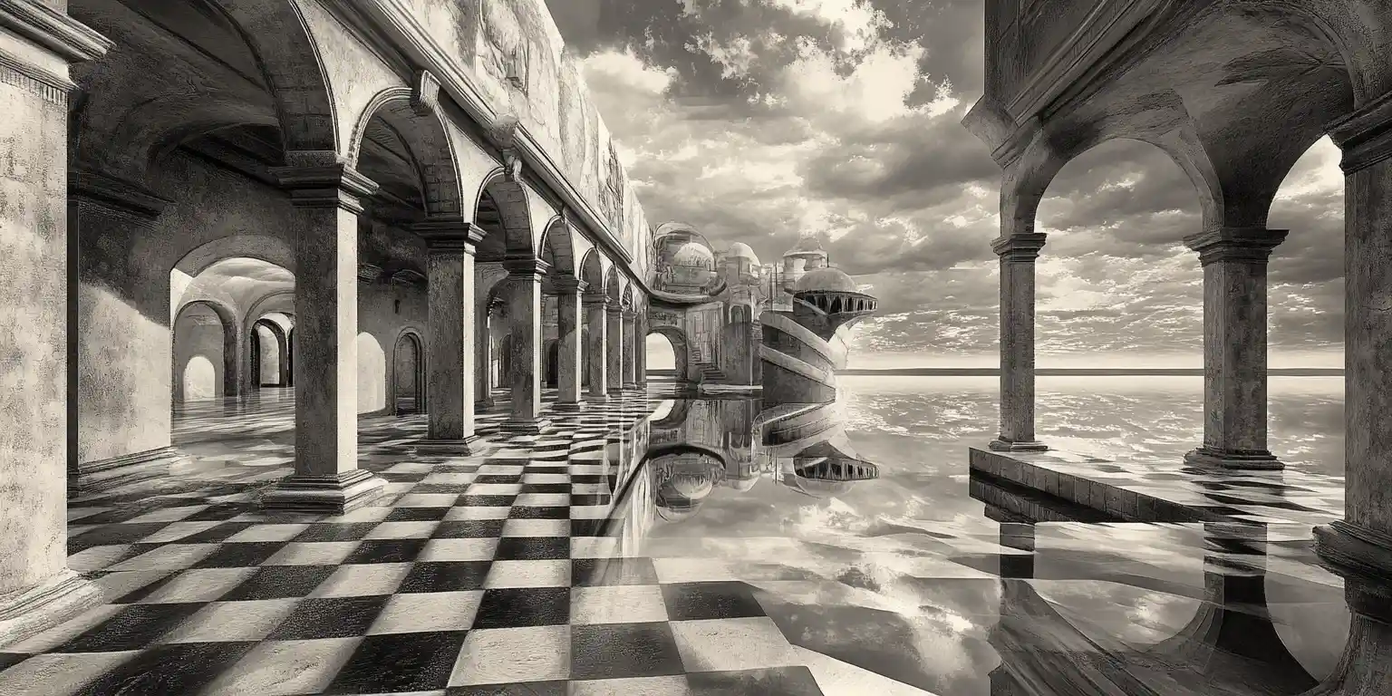 Surreal facade opening into an infinite mirrored maze