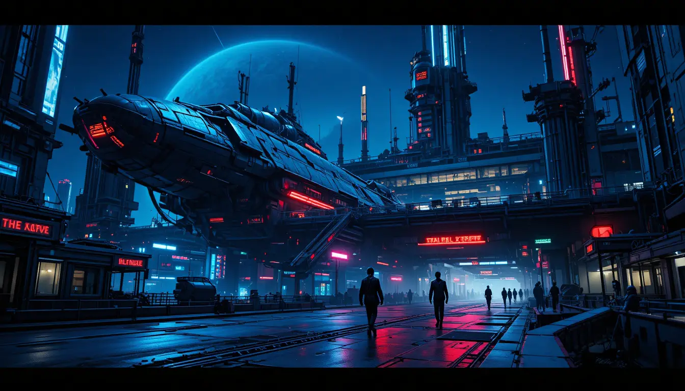 Città futuristica al neon con figure aliene di notte
