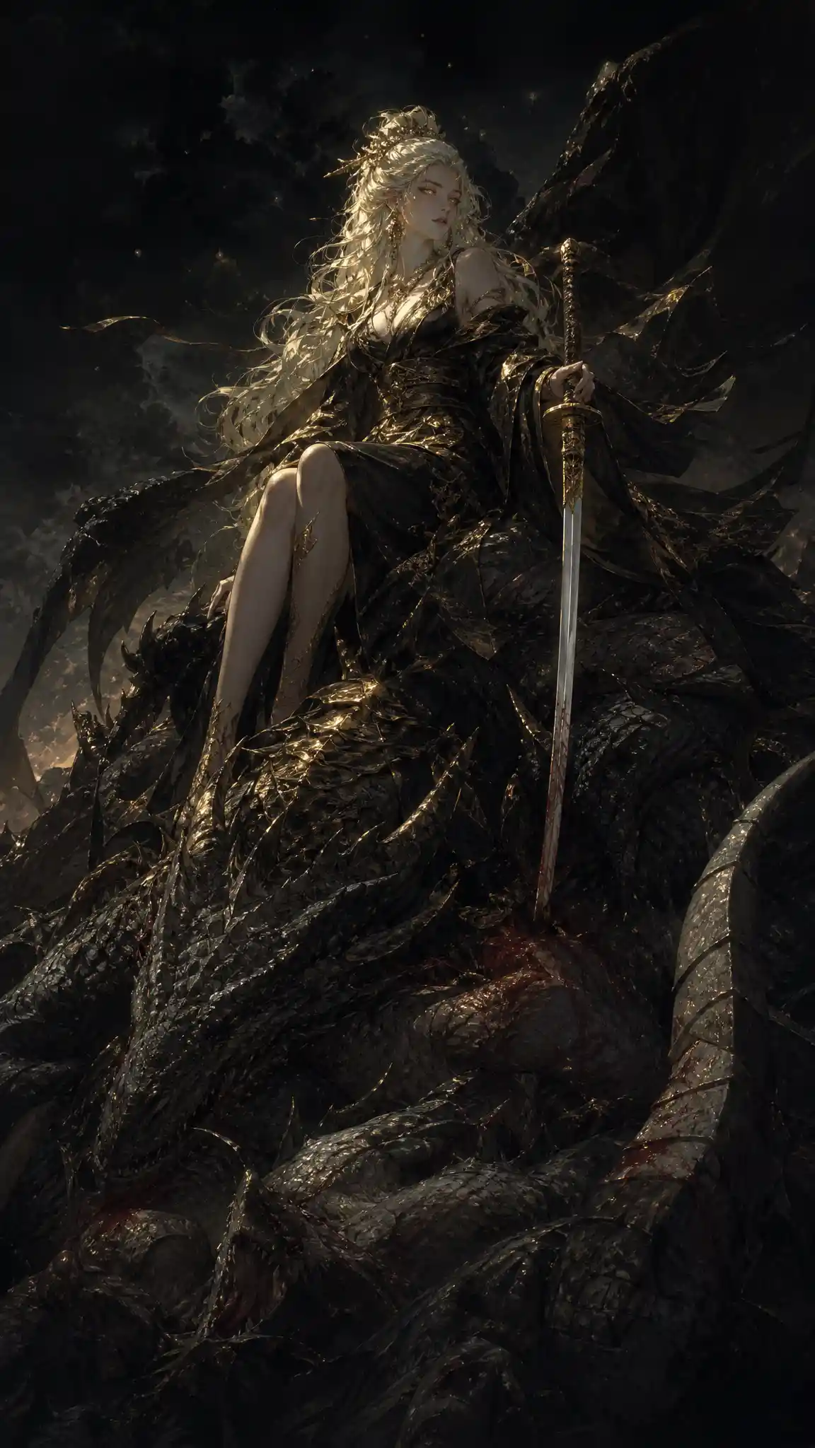Warrior woman atop dragon corpses in dark fantasy scene