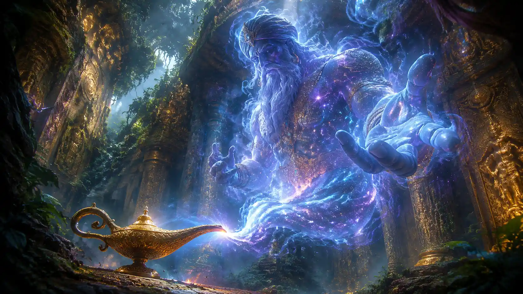 Mystical cosmic genie rising from lamp in jungle temple