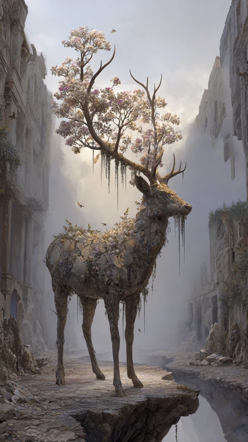 Surreal stag gateway in a fractured dreamlike landscape