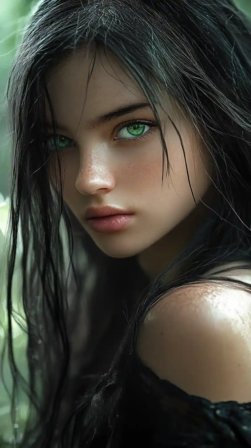Mystical emerald eyed girl in a dark forest portrait