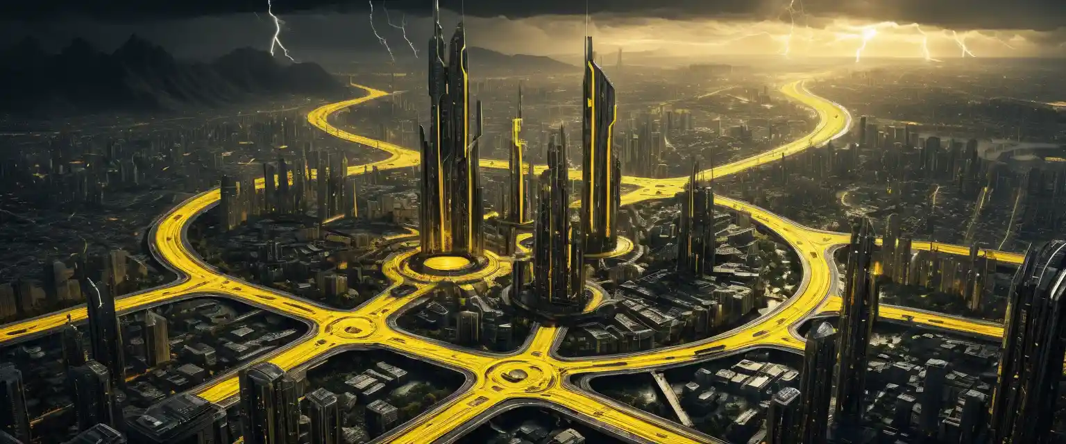 Futuristic borg metropolis with towering mechanical skyscrapers