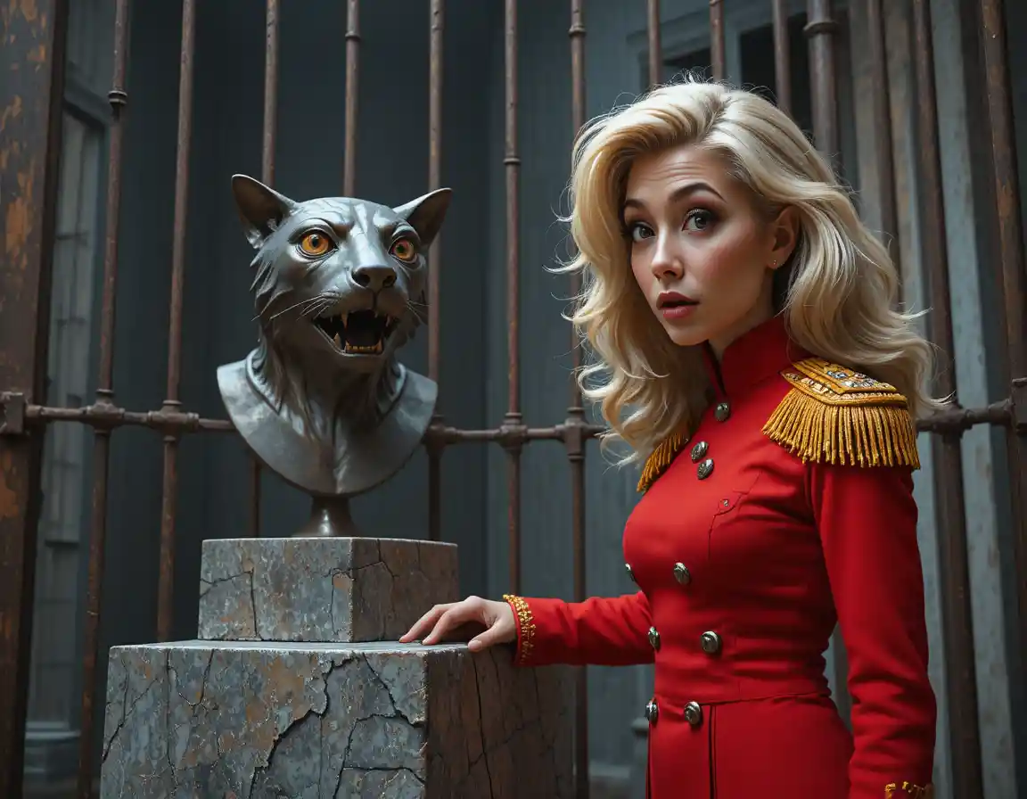 Woman in red military jacket beside bronze feline sculpture