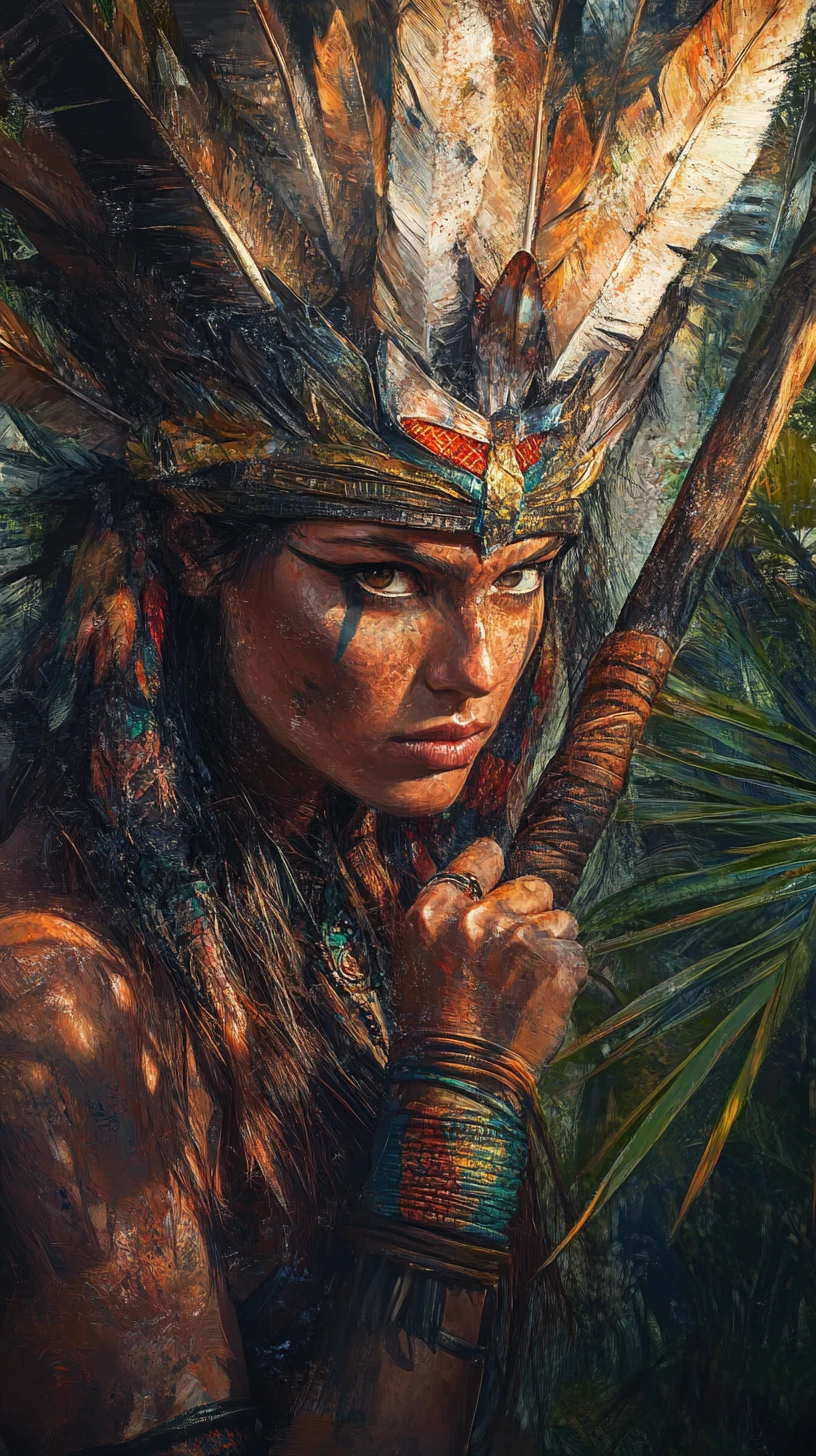 Close up jungle warrior woman with spear at sunset