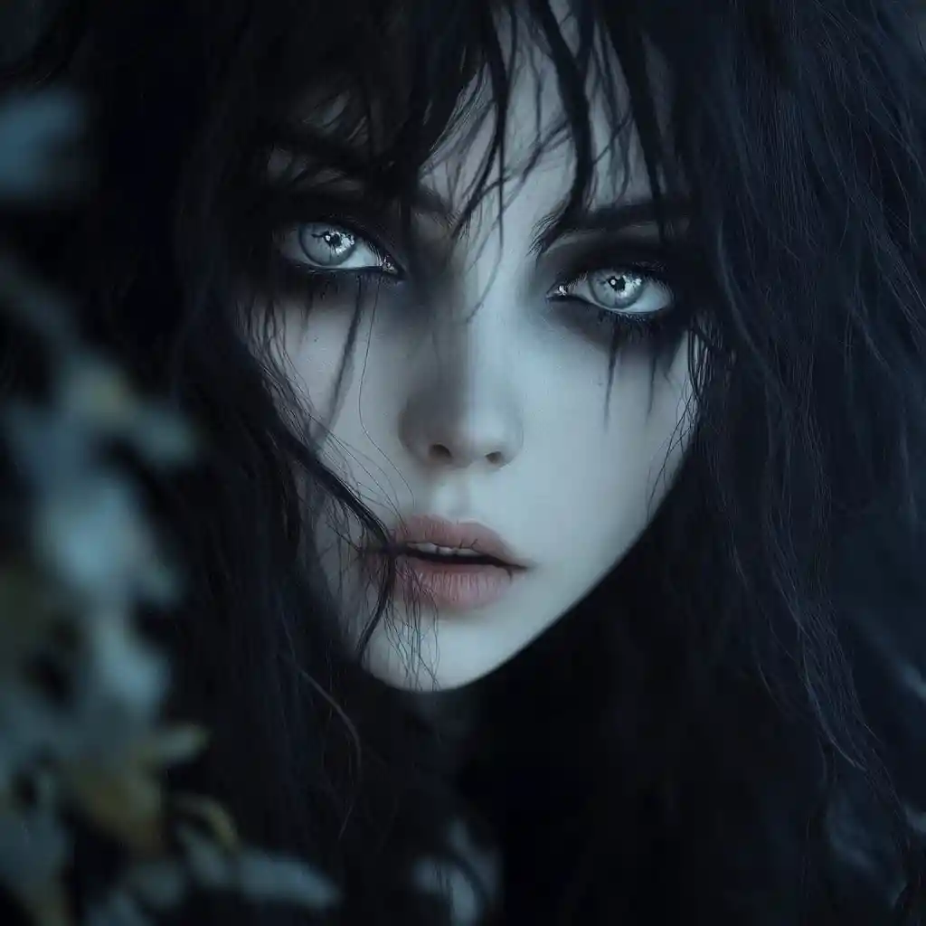 Dark sorceress with ashen skin and piercing grey eyes