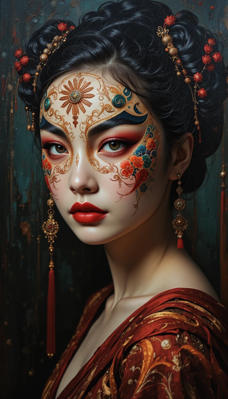 Chinese woman with opera mask in dramatic oil portrait