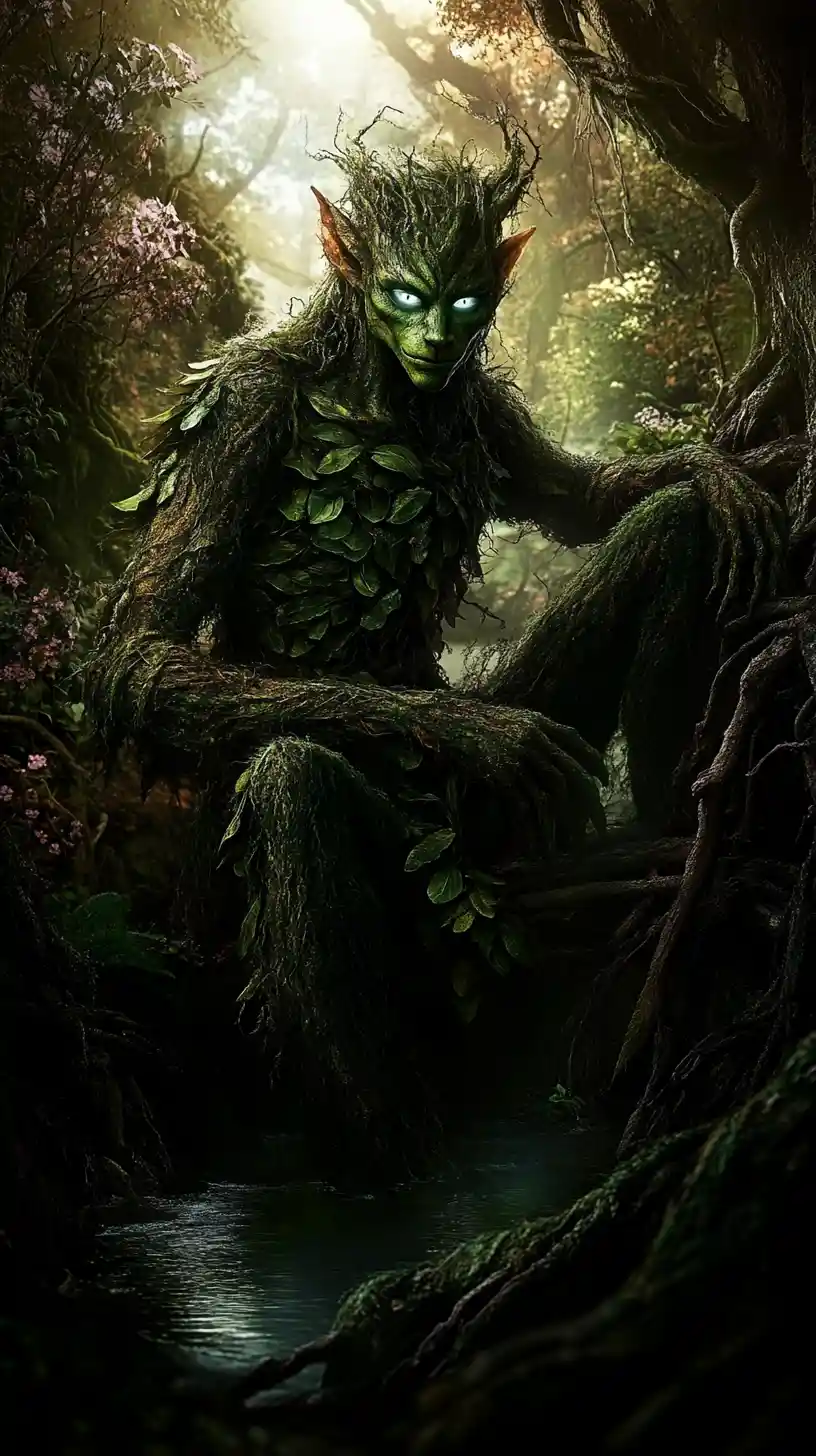 Mystical forest sprite among ancient roots and vines