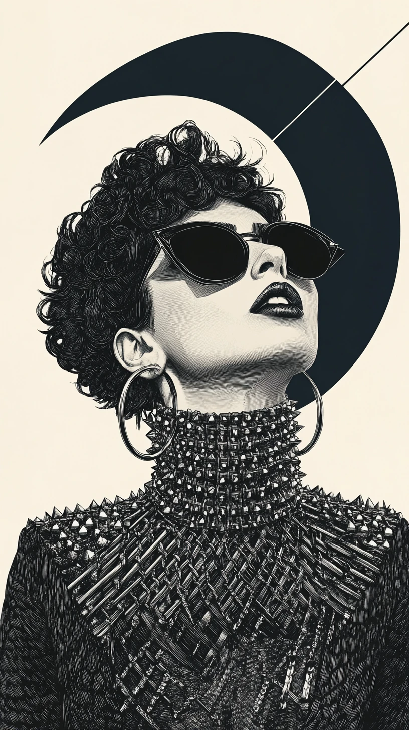 Futuristic woman in sunglasses with bold graphic collar