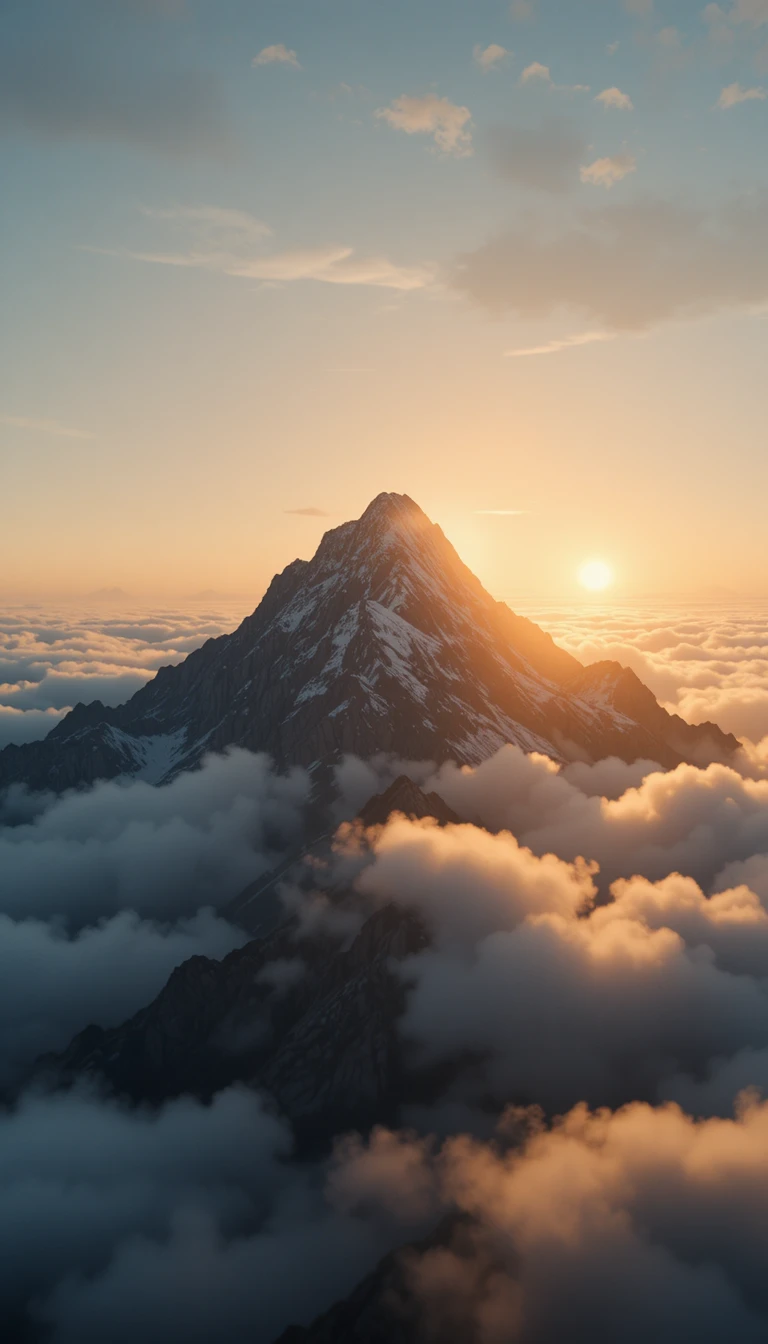 Golden sunrise over mountain peak above the glowing clouds