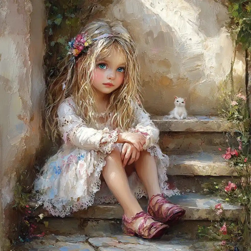 Dreamy young girl on old house steps holding a kitten
