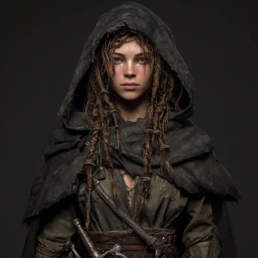 Rogue fantasy woman with daggers in a dark hooded cloak