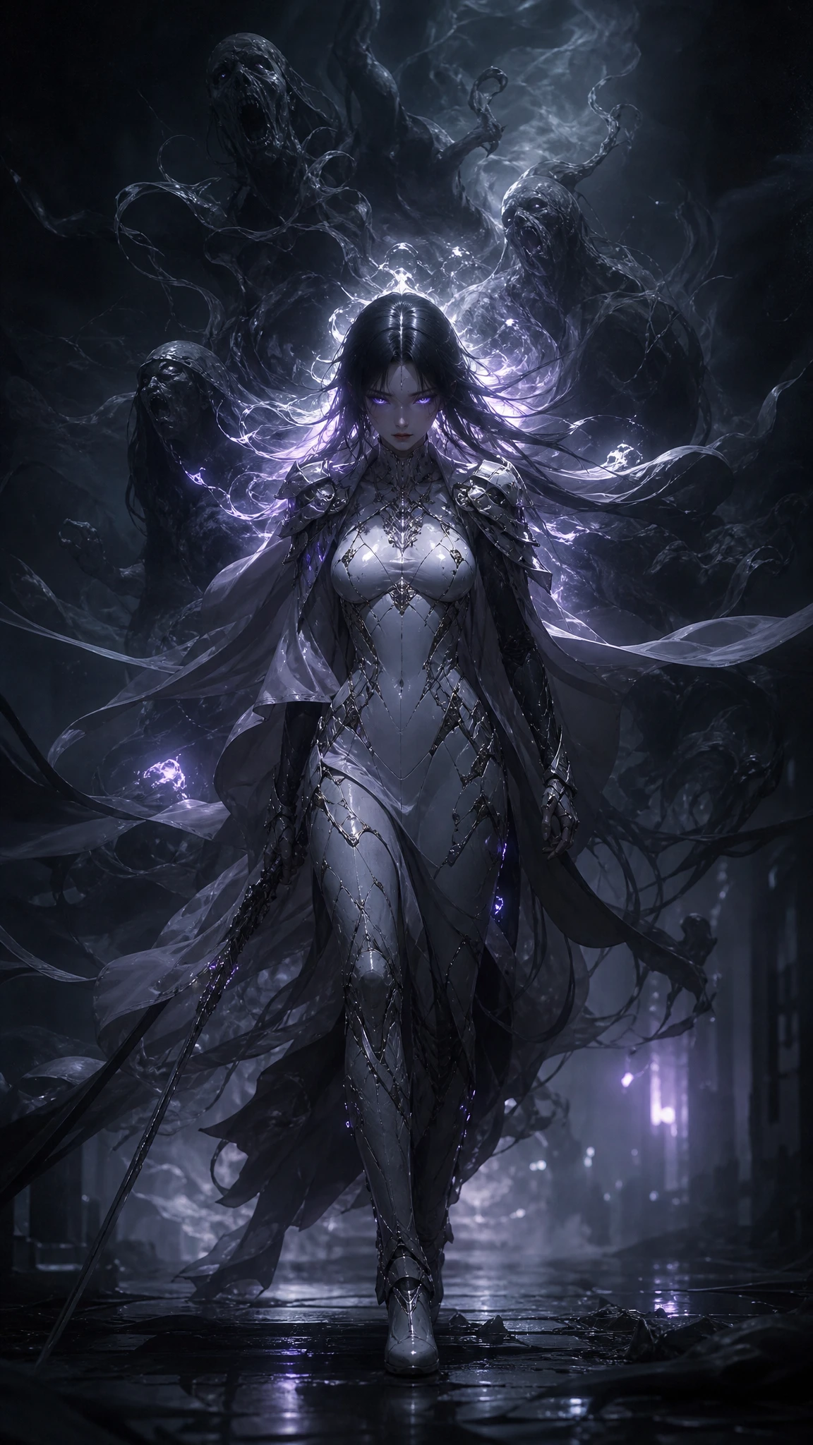 Ethereal warrior woman striding through swirling ghostly mist