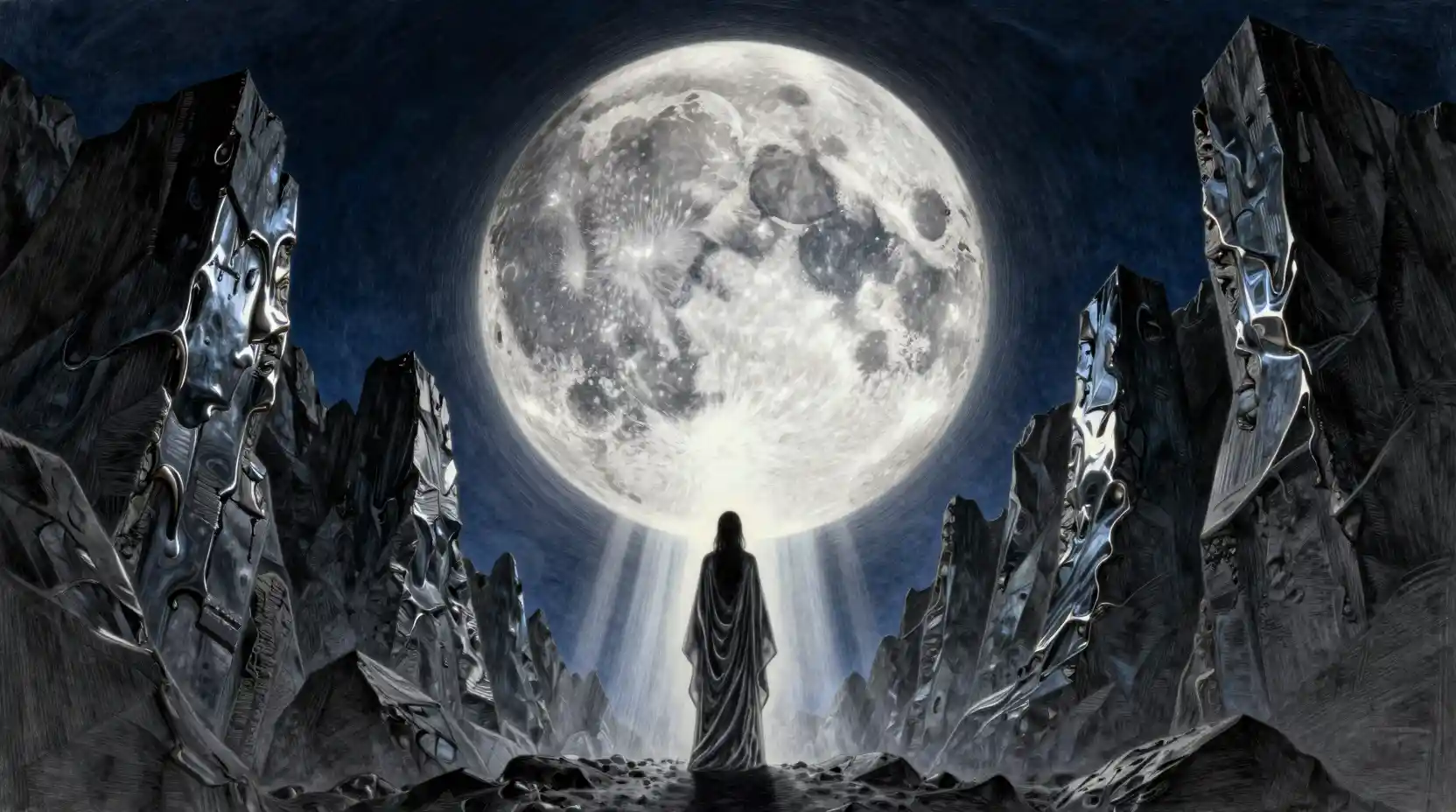 Colossal moon rising behind jagged cliffs above lone figure