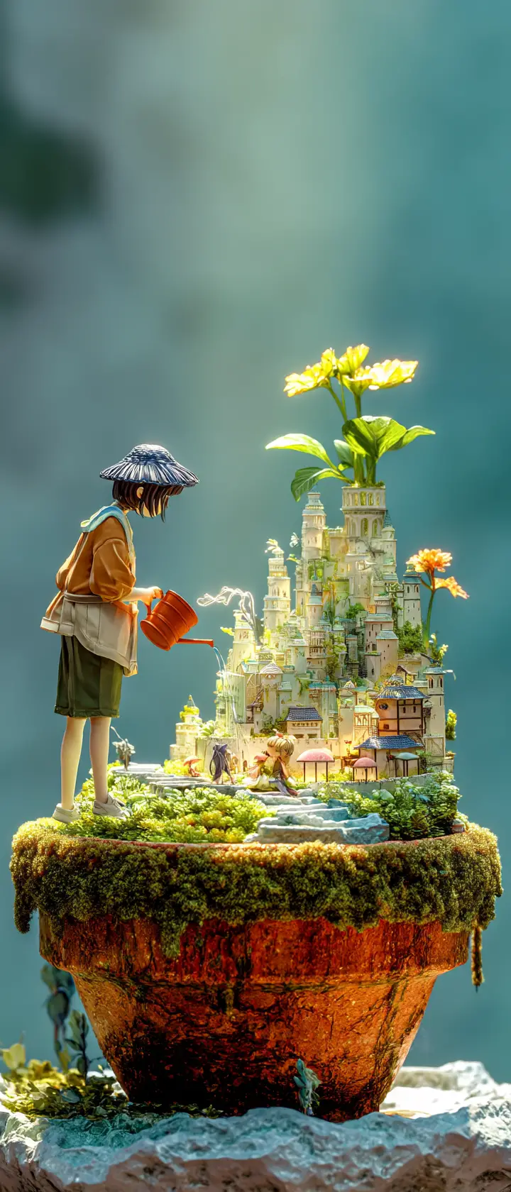 Anime gardener watering a glowing miniature fantasy kingdom