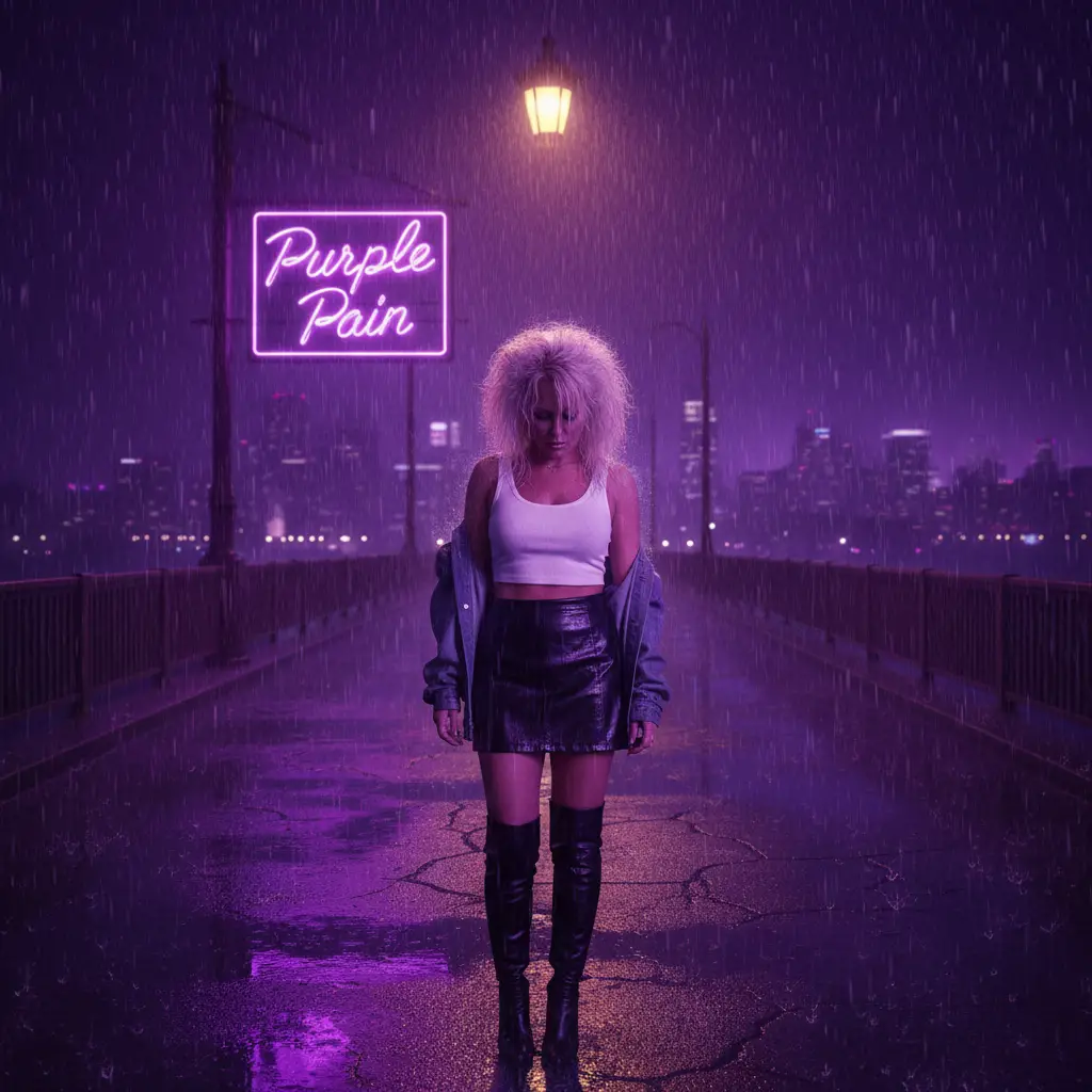 Defiant blonde woman on a rainy neon city bridge