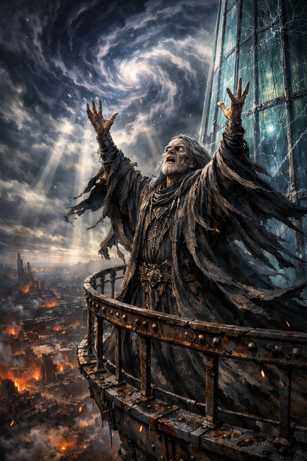 Ancient wizard casting a spell on a glass tower balcony