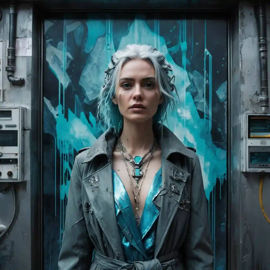 Cyberpunk woman portrait on decayed industrial wall mural