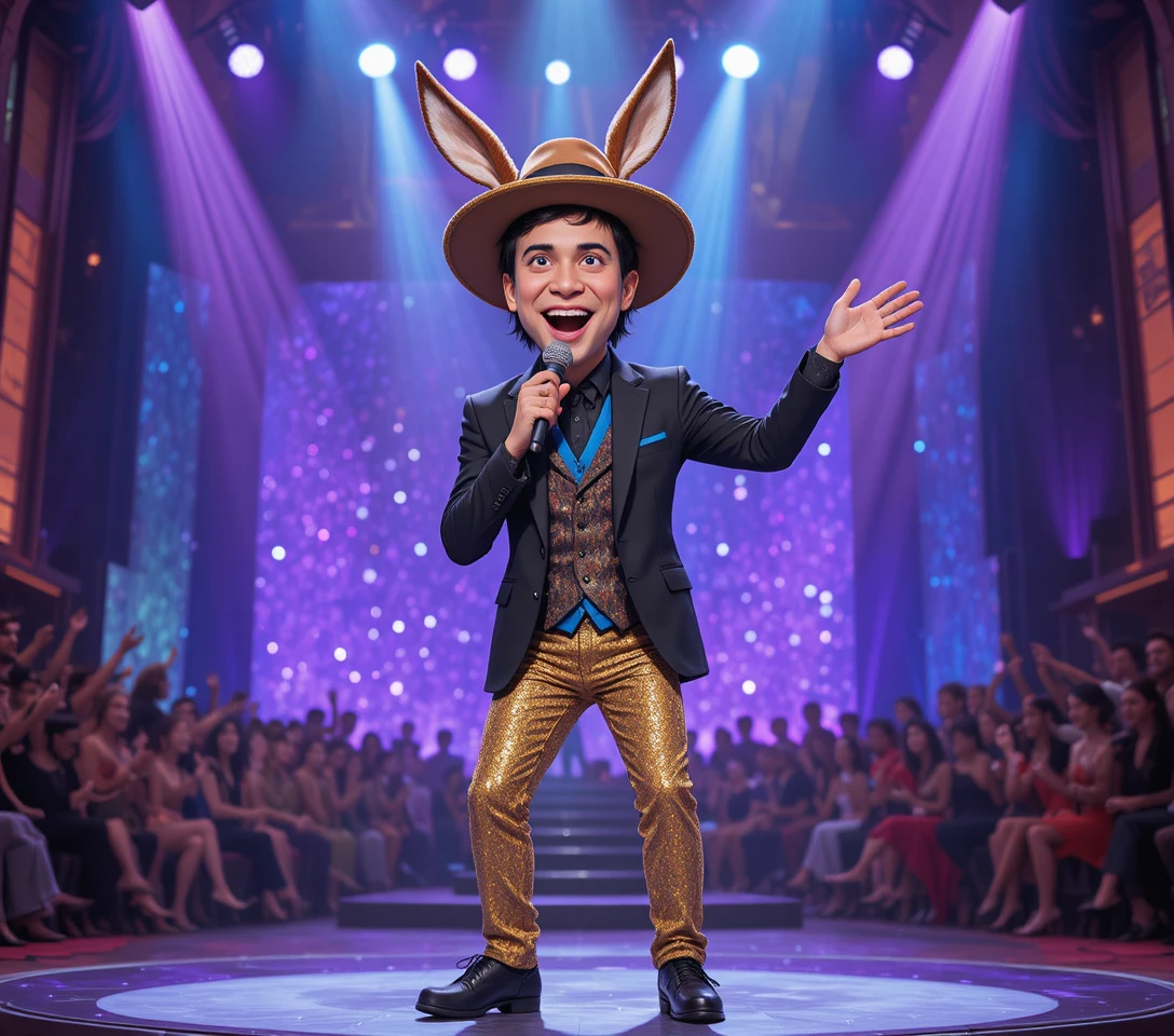 Uomo che canta sul palco sotto colorate luci viola