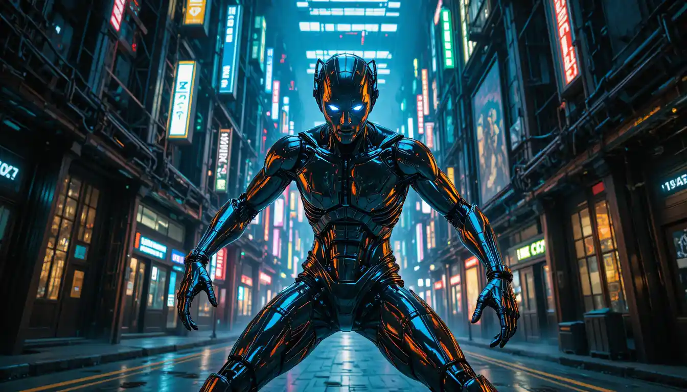 Cyborg warrior in a neon lit futuristic cityscape