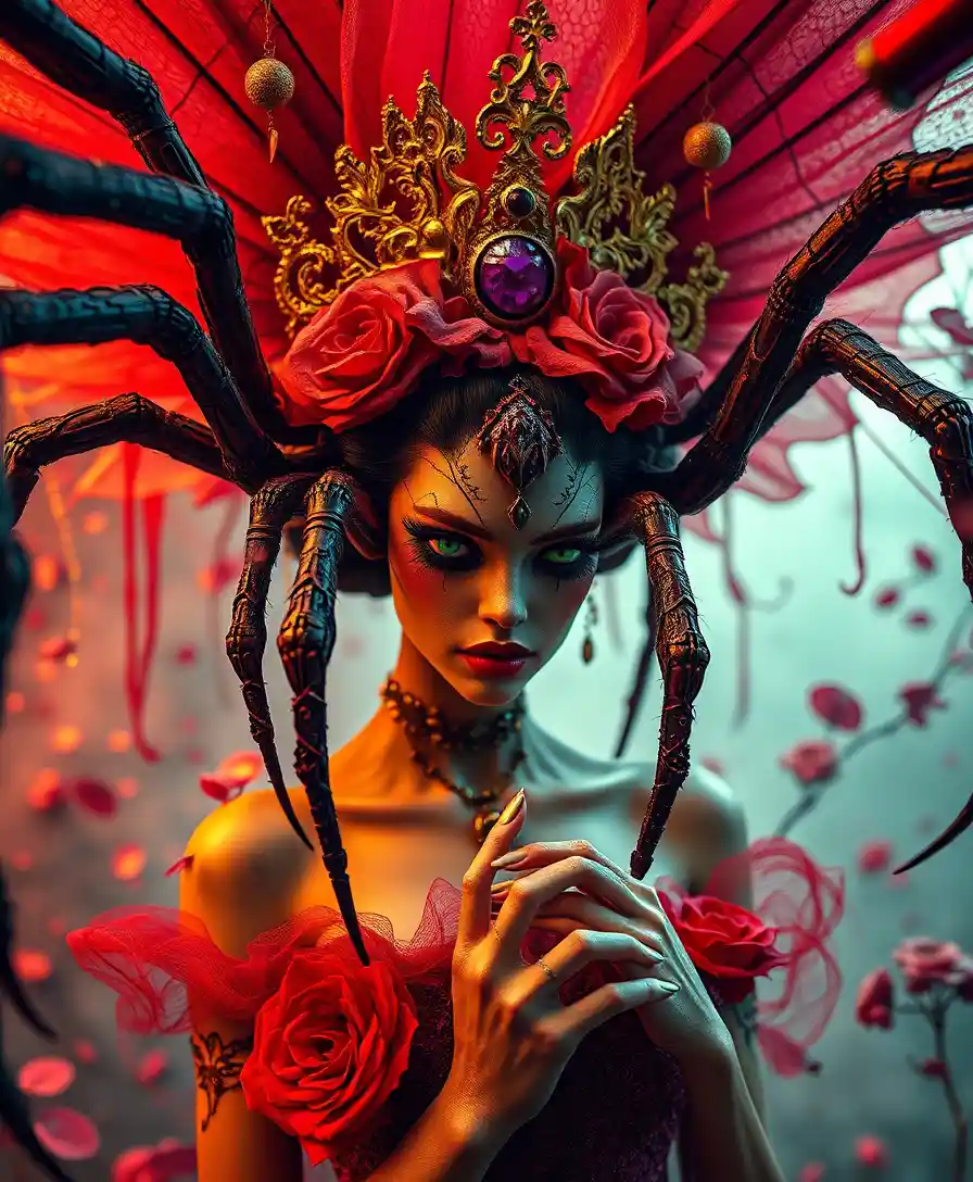 Surreal spider queen ruling a chaotic fantasy world