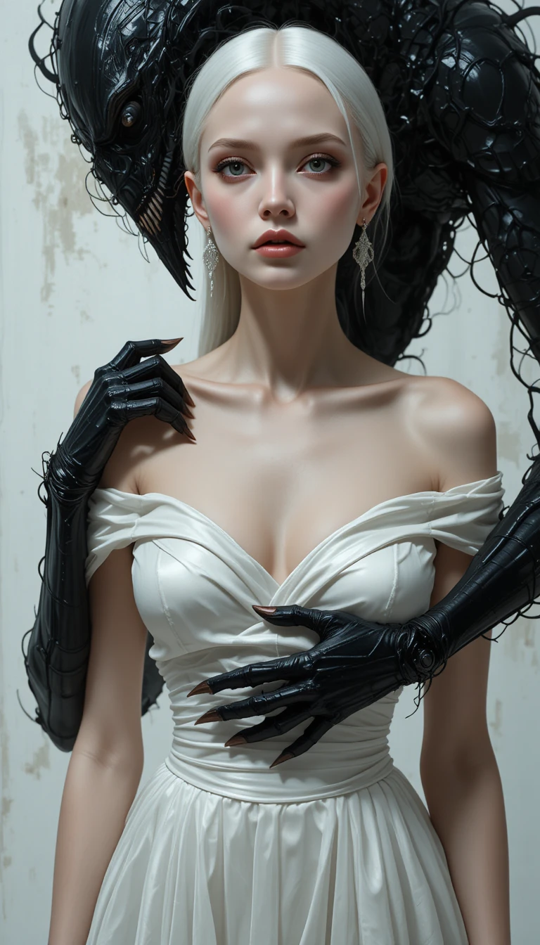 Surreal platinum blonde woman with lurking monster behind