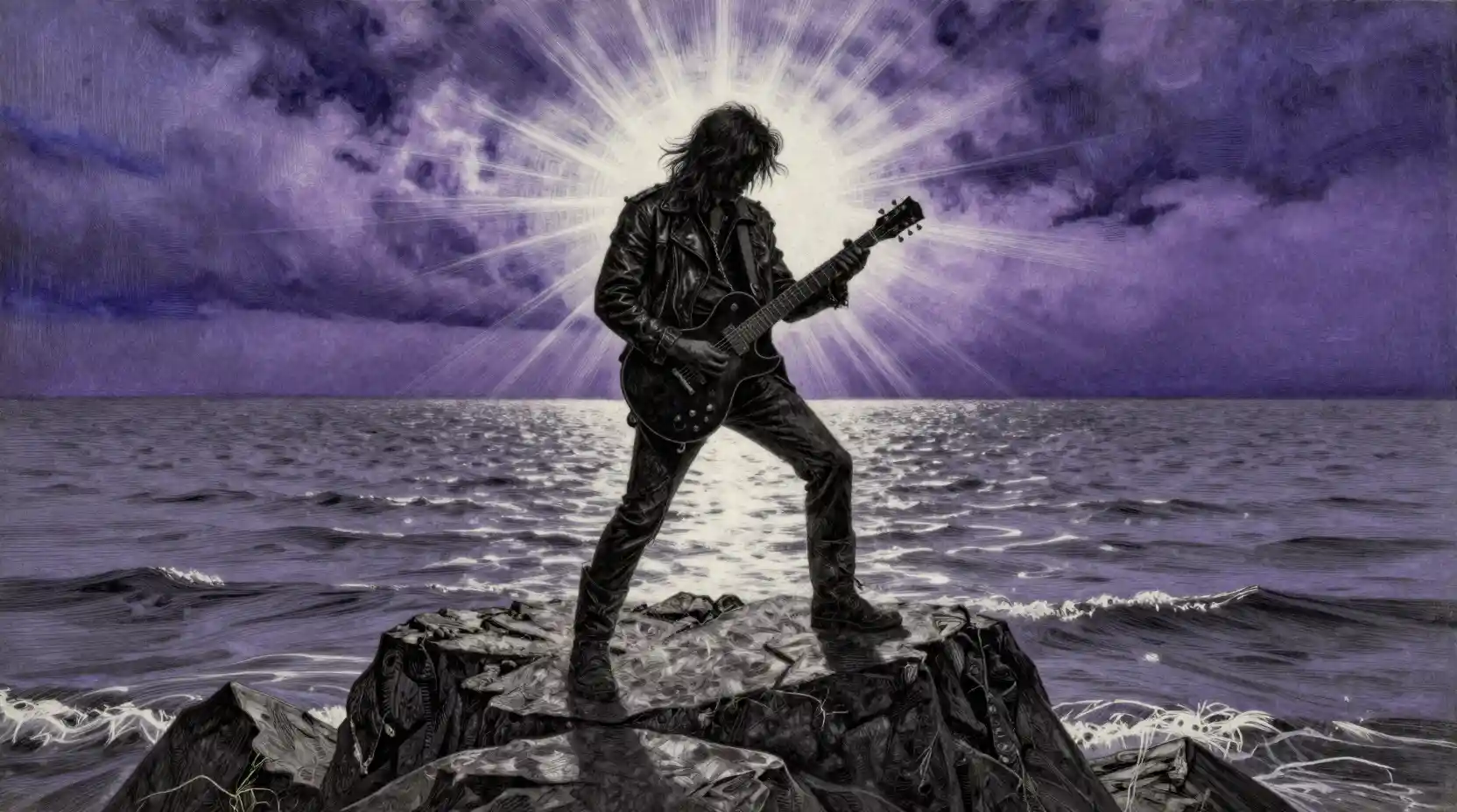 Silhouetted guitarist on jagged rocks above a swelling lake