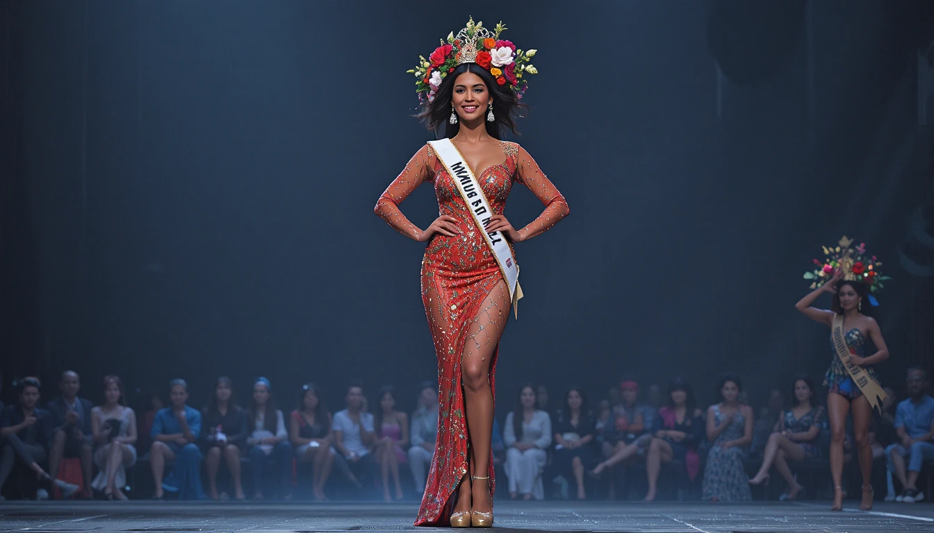 Smiling woman in floral crown on stage in red gown