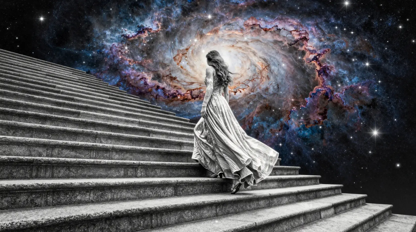 Frau, die eine Steintreppe zu einer wirbelnden Nebelwolke hinaufsteigt