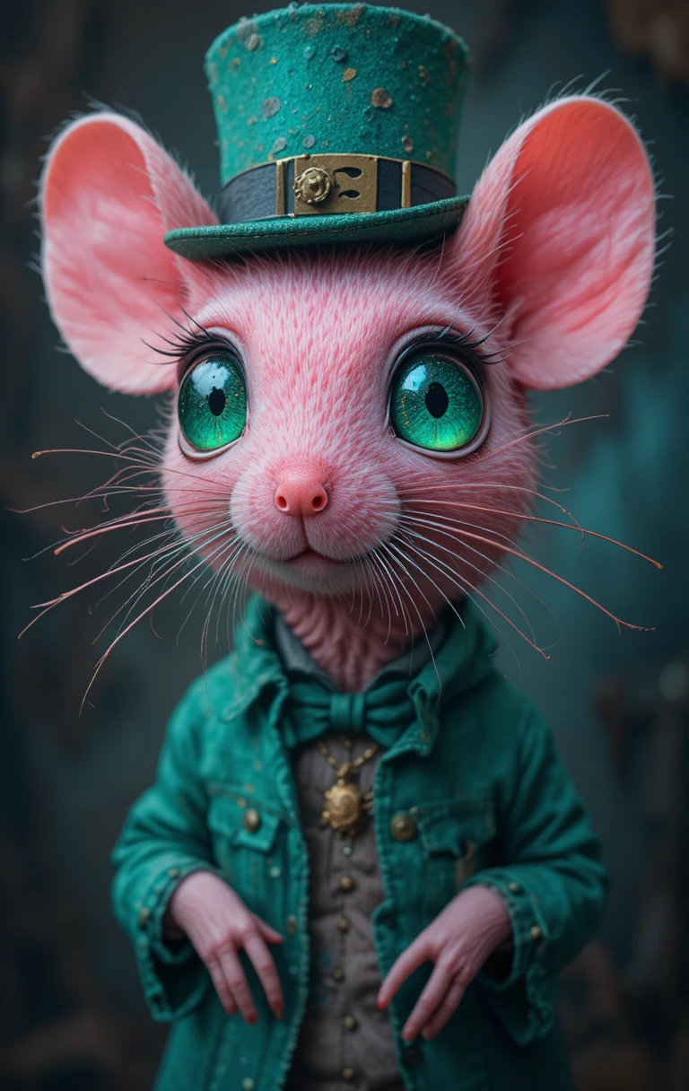 Cute pink mouse with emerald eyes and green top hat
