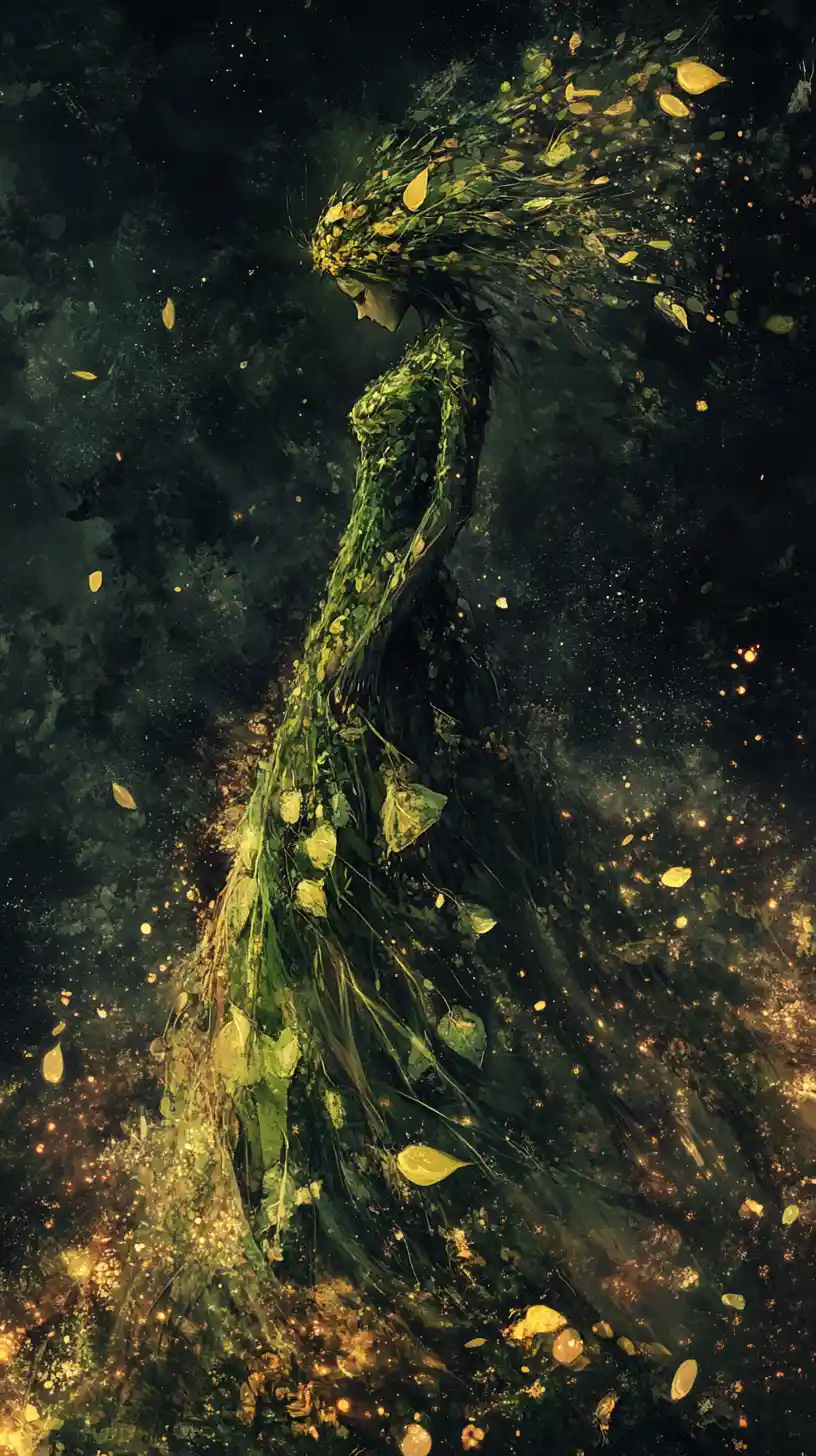Mystical fairy woman in a flowing leaf patterned gown
