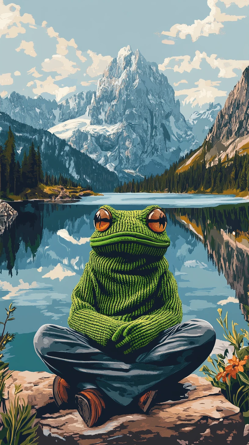Funny knitted frog illustration by a calm mountain lake