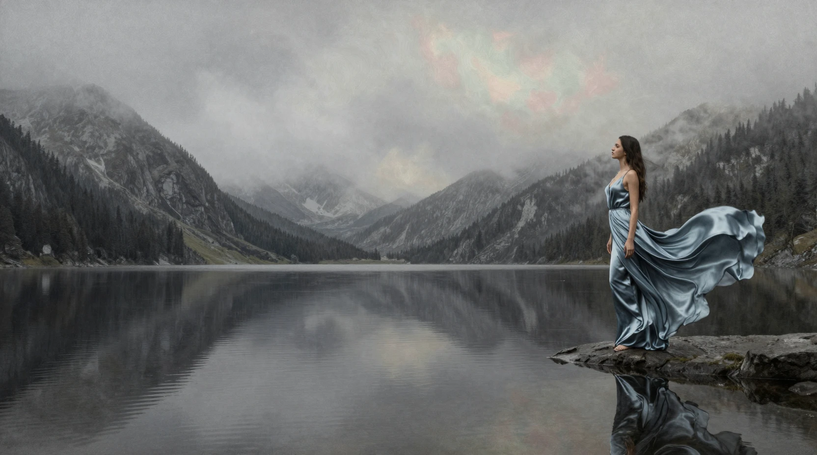Woman in silk gown by a still mountain lake